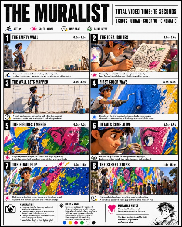 Create a crisp, clean infographic storyboard poster for THE MURALIST. Wide 16:9 layout, w…